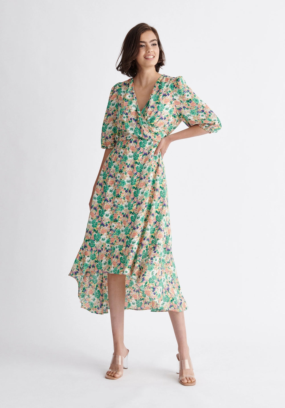 olivia newton john grease yellow dress Berrylush Women Green Floral Printed V-Neck Wrap Mini Dress main image 0