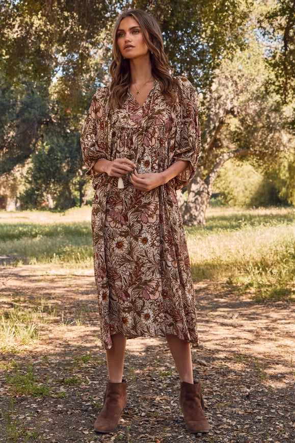 Honey-brown booties with boho maxi dress