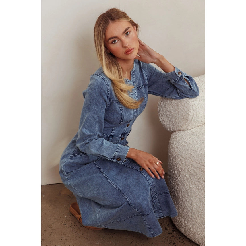 dolly denim dress white christmas dresses Dolly Denim Tailored Button Up Mini Dress Urban Blend